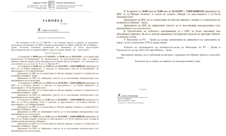 Временна организация: Забрана за движение по ключови улици в Троян на 18 октомври (10:00 – 12:00 ч.)