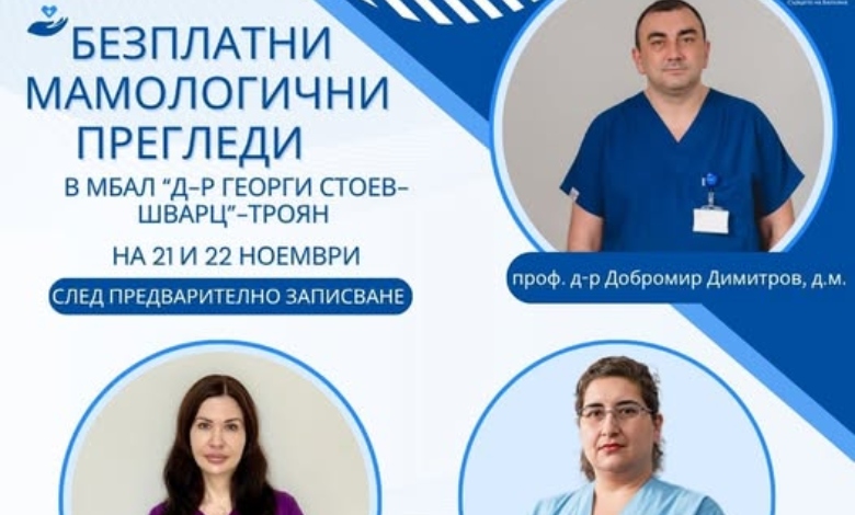 Безплатни мамологични прегледи в МБАЛ Троян с водещи специалисти от Плевен!
