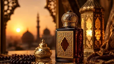 Флакон арабски парфюми с ориенталски орнаменти на фона на залез