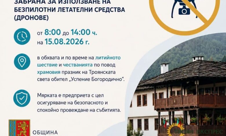 Троян въвежда забрана за дронове по време на празника на Троянския манастир на 15 август